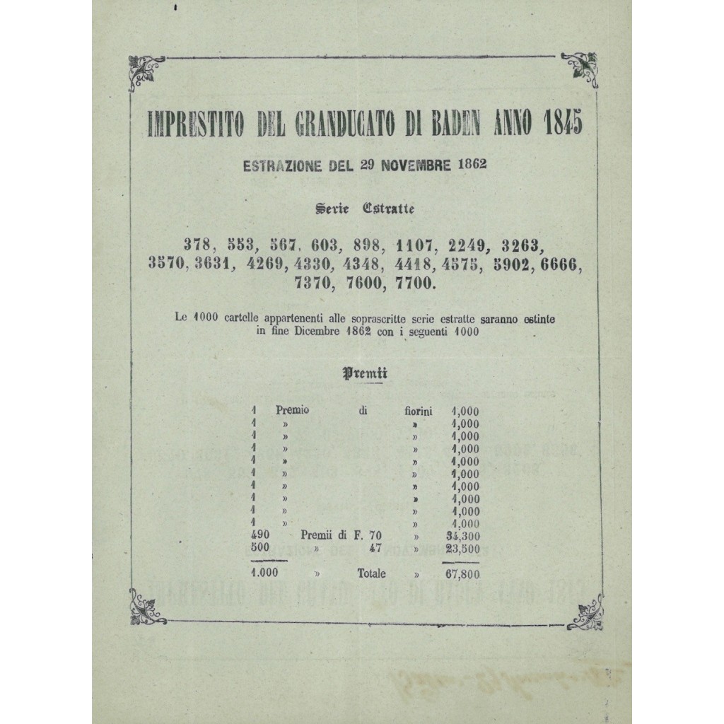 VOLANTINO ESTRAZIONE I. A PREMII GRANDUCATO DI BADEN 1862