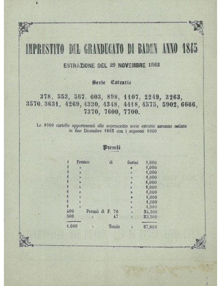 VOLANTINO ESTRAZIONE I. A PREMII GRANDUCATO DI BADEN 1862
