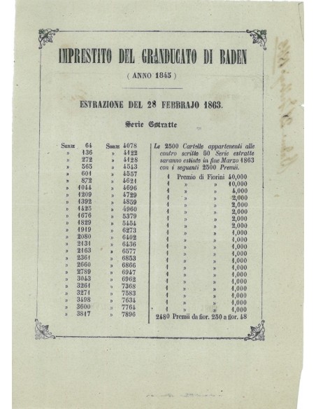 VOLANTINO ESTRAZIONE I. A PREMII GRANDUCATO DI BADEN 1845