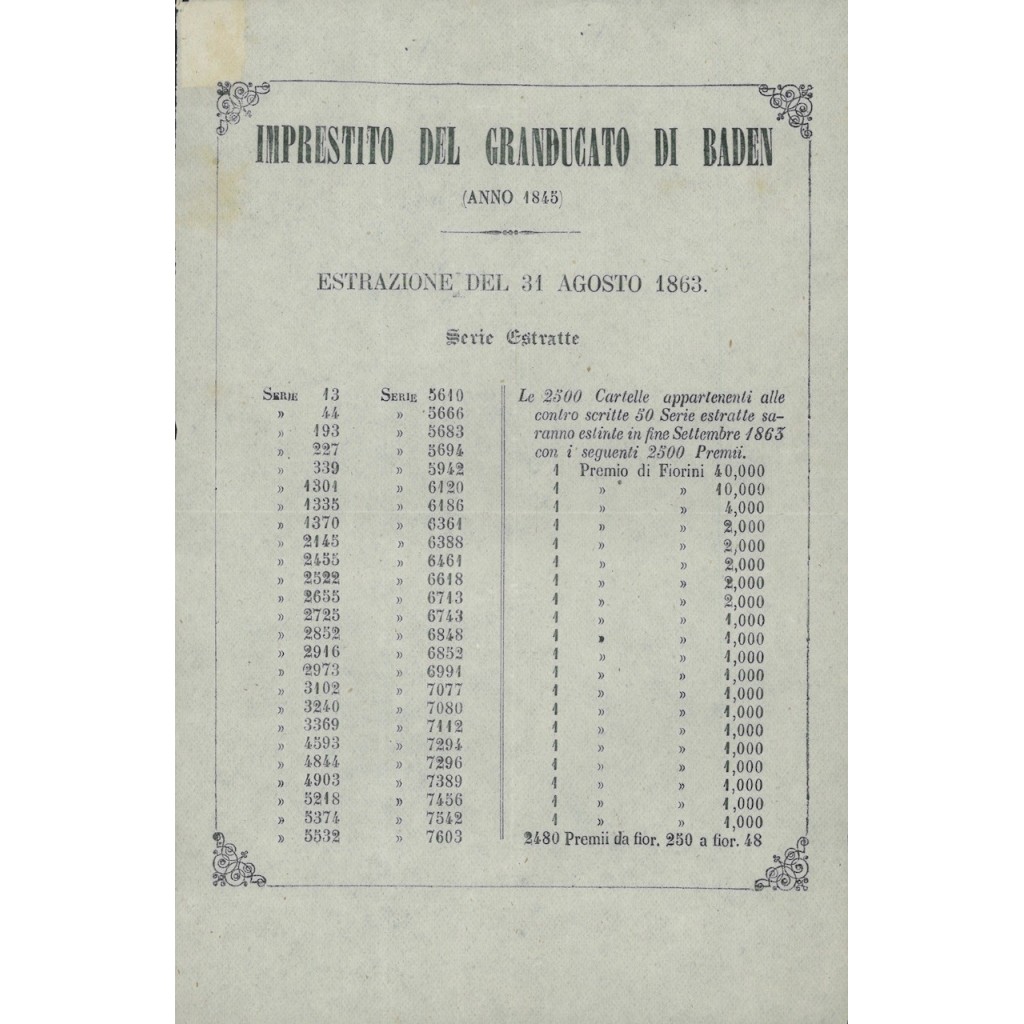 VOLANTINO ESTRAZIONE I. A PREMII GRANDUCATO DI BADEN 1845