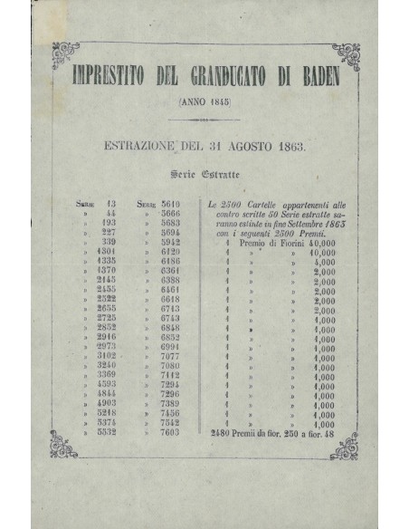 VOLANTINO ESTRAZIONE I. A PREMII GRANDUCATO DI BADEN 1845