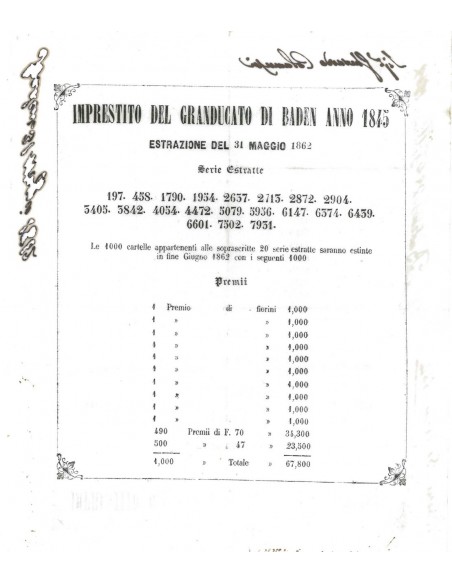 VOLANTINO ESTRAZIONE IMPRESTITO GRANDUCATO DI BADEN 1845