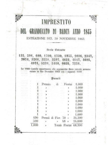 VOLANTINO ESTRAZIONE IMPRESTITO GRANDUCATO DI BADEN 1845