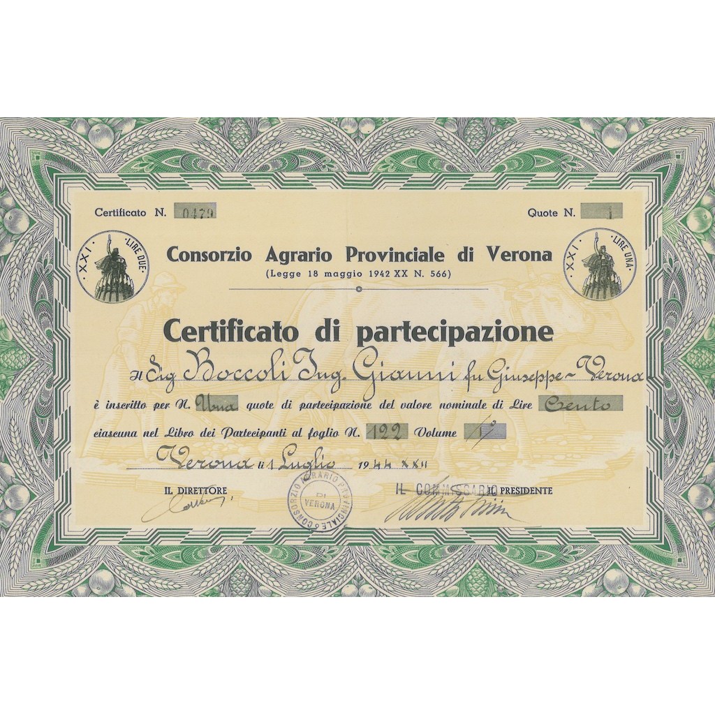 CONSORZIO AGRARIO PROVINCIALE DI VERONA - CERT. DI PARTECIPAZIONE 1944