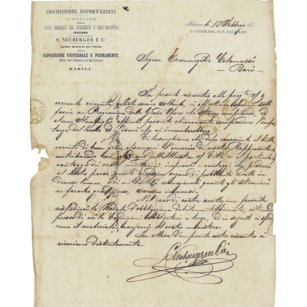 LETTERA AUTOGRAFA S. NEUBURGER E C. - MILANO 1862