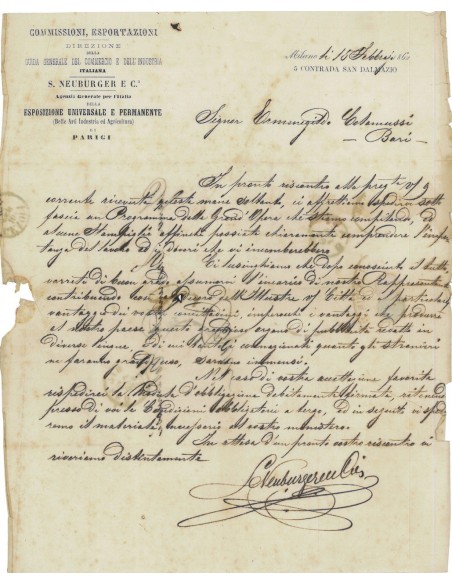 LETTERA AUTOGRAFA S. NEUBURGER E C. - MILANO 1862