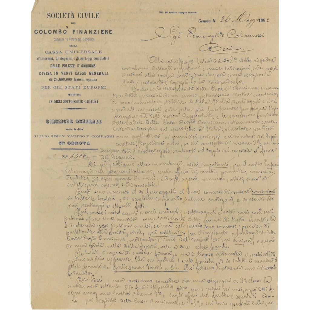 LETTERA MANOSCRITTA SOC. CIVILE COLOMBO FINANZIERE - GENOVA 1862