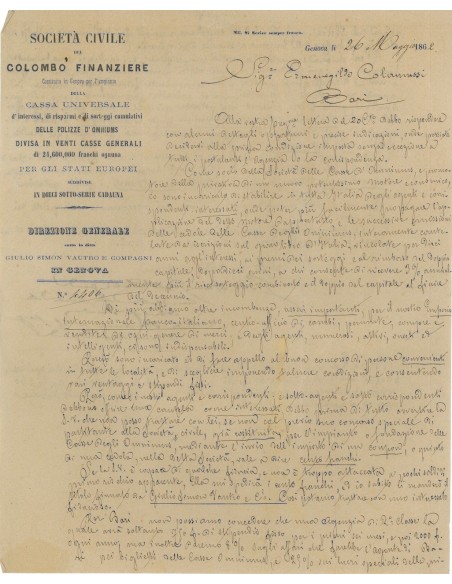 LETTERA MANOSCRITTA SOC. CIVILE COLOMBO FINANZIERE - GENOVA 1862