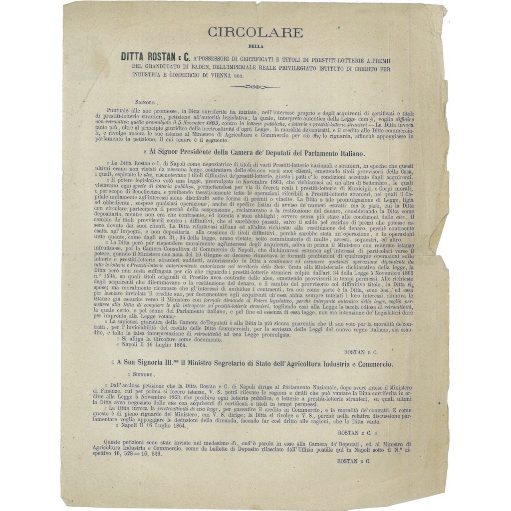 CIRCOLARE DITTA ROSTAN E C. NAPOLI 1864