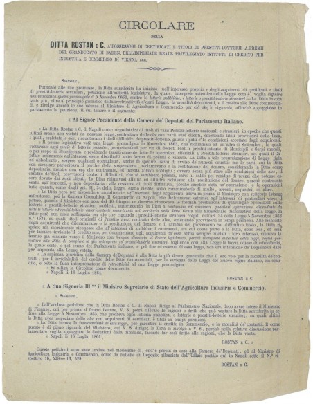 CIRCOLARE DITTA ROSTAN E C. NAPOLI 1864