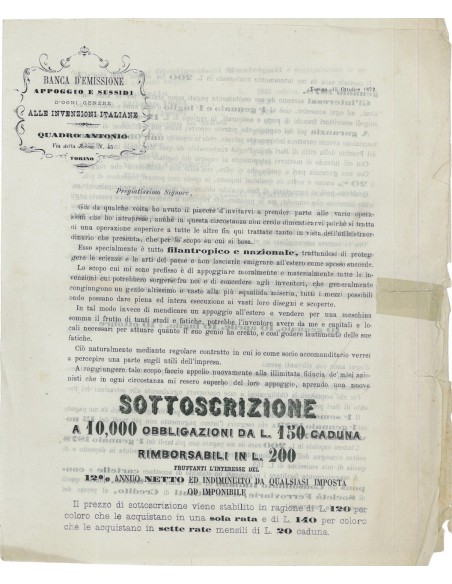 CIRCOLARE SOTTOSCRIZIONE OBBLIG. EMISSIONE QUADRO ANTONIO 1872