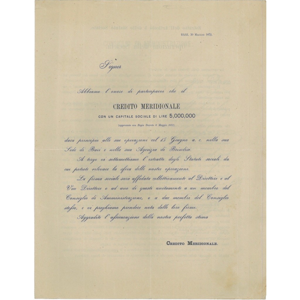 INVITO PARTECIPAZIONE PER CREDITO MERIDIONALE - BARI 1872