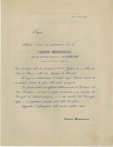 INVITO PARTECIPAZIONE PER CREDITO MERIDIONALE - BARI 1872