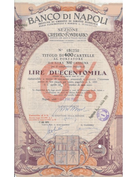 BANCO DI NAPOLI - TITOLO DA 400 CARTELLE AL PORTATORE AL 6% - NAPOLI 1970