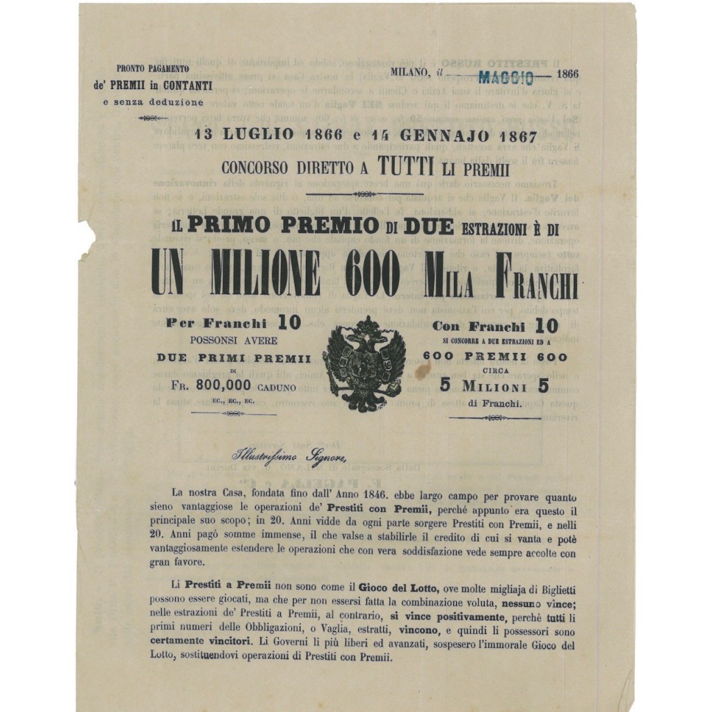 PRESTITO RUSSO E VOLANTINO ESTRAZIONI ANNO 1866 E 1867