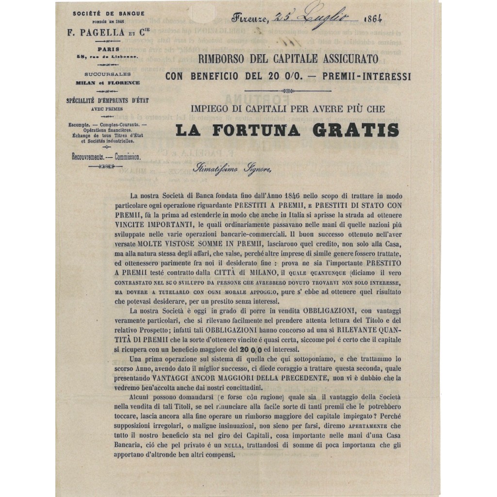 VOLANTINO F. PAGELLA PRESTITI A PREMI 1864