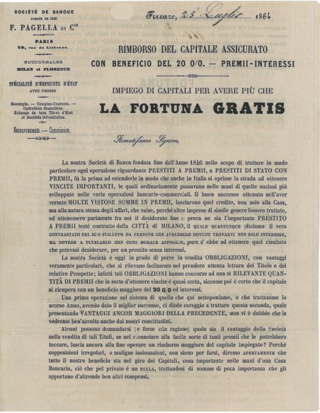 VOLANTINO F. PAGELLA PRESTITI A PREMI 1864