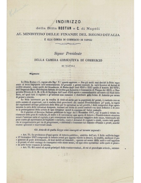 LETTERA ROSTAN AL PRES. CAMERA CONSULTIVA DI COMMERCIO - NAPOLI 1864