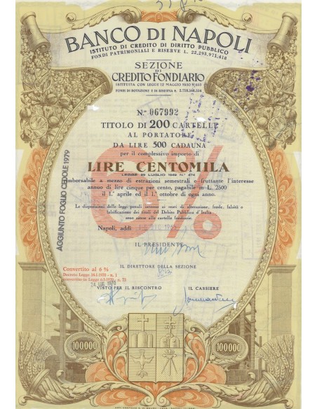 BANCO DI NAPOLI - TITOLO DA 400 CARTELLE AL PORTATORE AL 6% 100000 LIRE - 1970