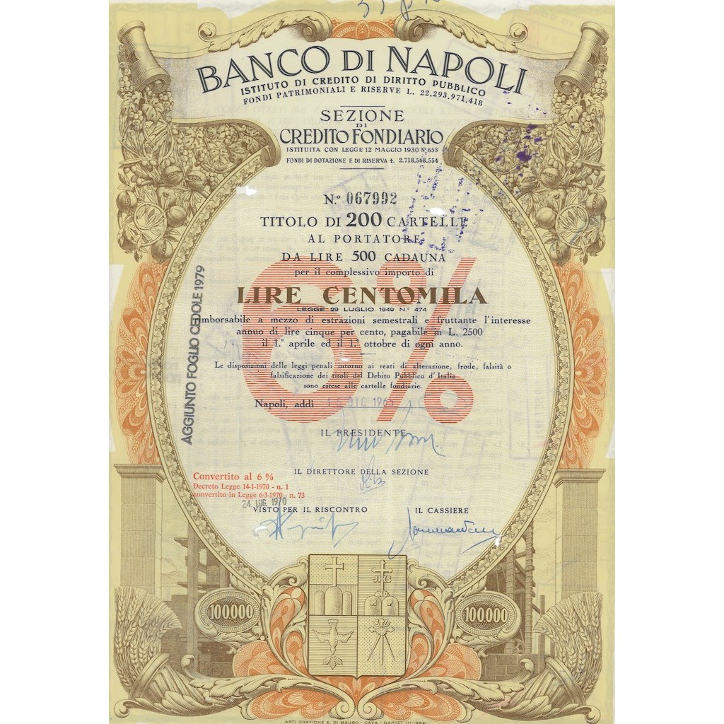 BANCO DI NAPOLI - TITOLO DA 400 CARTELLE AL PORTATORE AL 6% 100000 LIRE ...