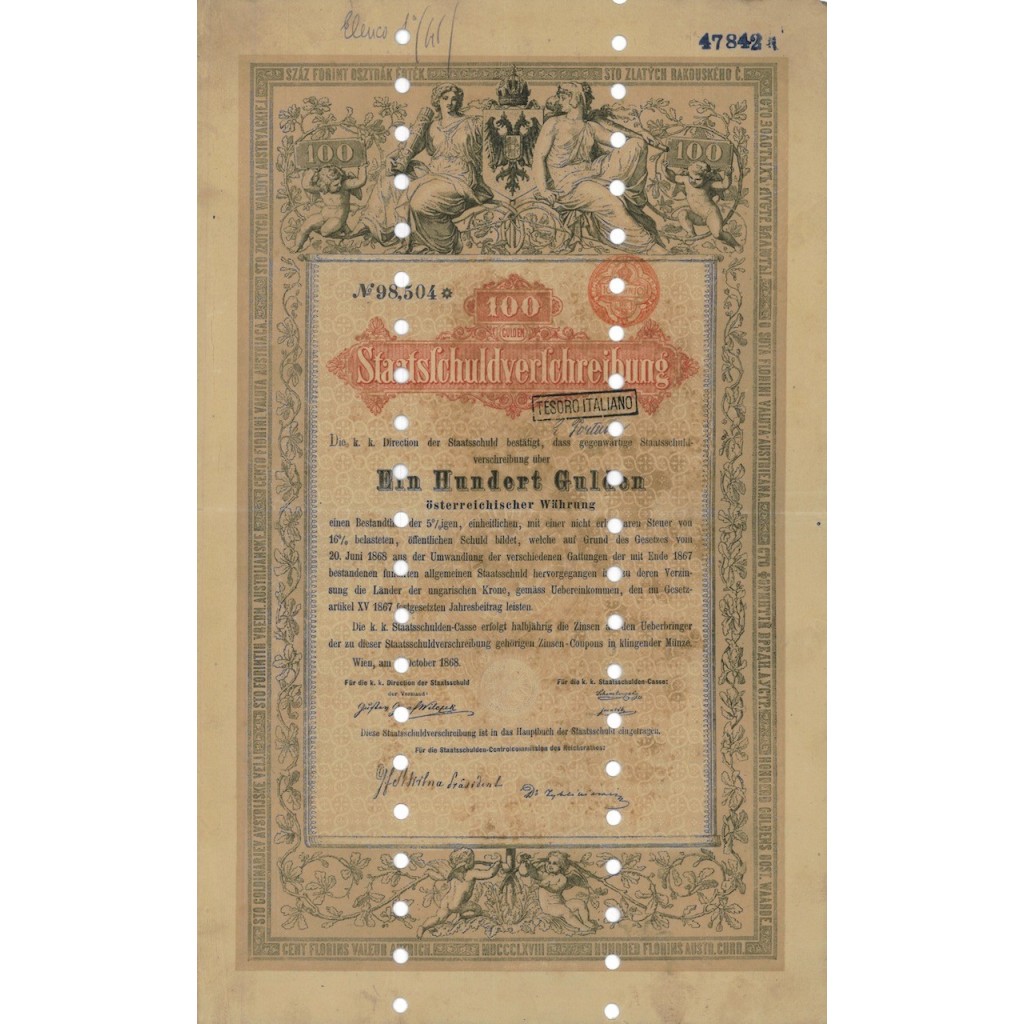 STAATSSCHULDVERSCHREIBUNG 100 GULDEN - WIEN 1868