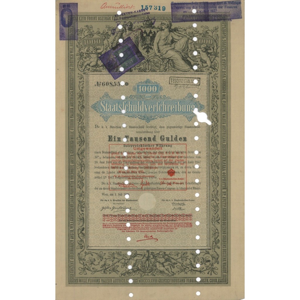 STAATSSCHULDVERSCHREIBUNG 1000 GULDEN - WIEN 1868