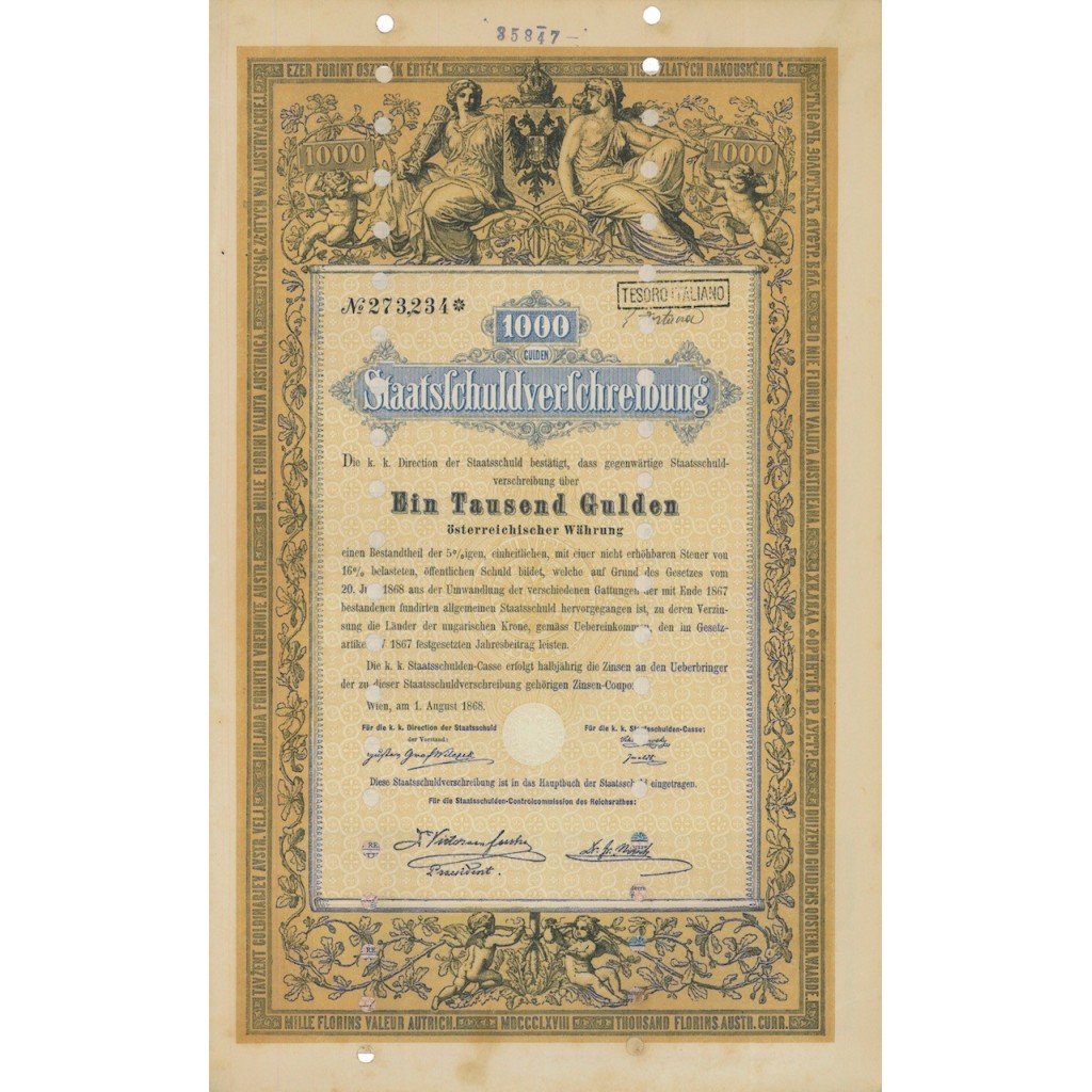 STAATSSCHULDVERSCHREIBUNG 1000 GULDEN - WIEN 1868