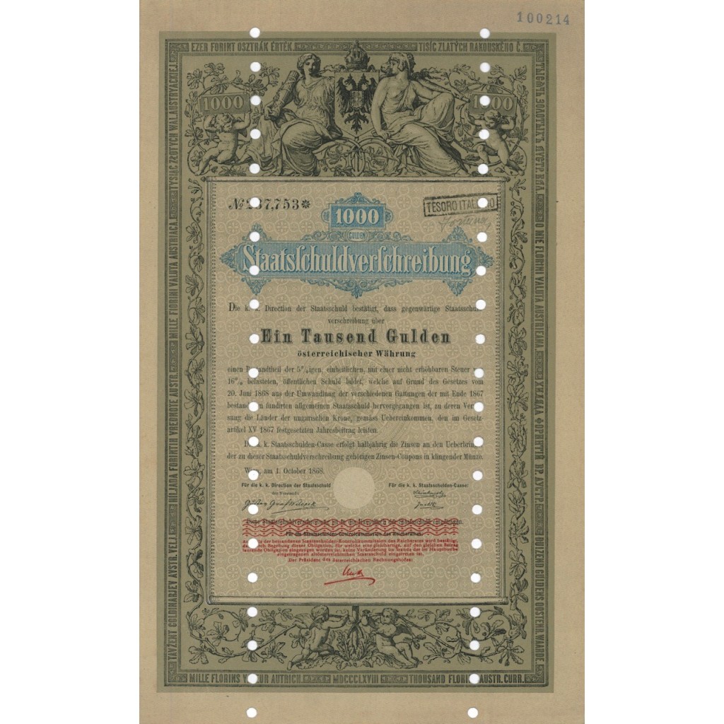STAATSSCHULDVERSCHREIBUNG 1000 GULDEN - WIEN 1868