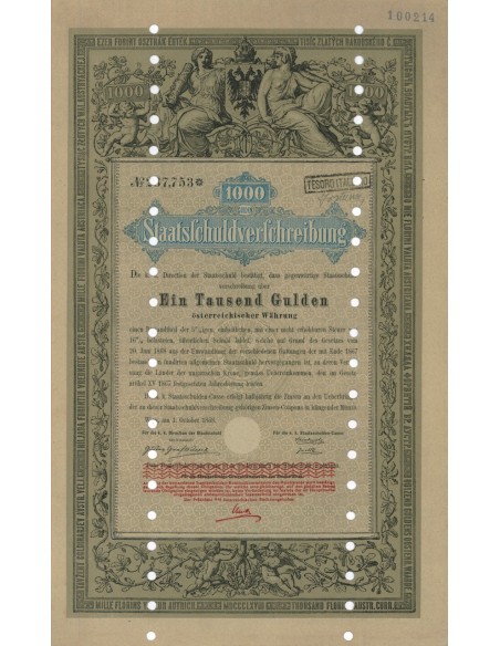STAATSSCHULDVERSCHREIBUNG 1000 GULDEN - WIEN 1868