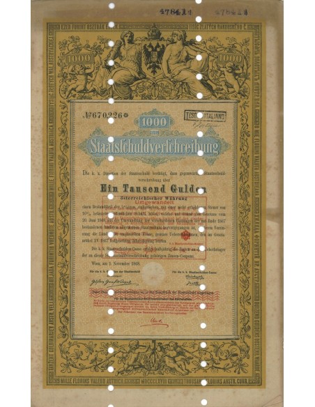 STAATSSCHULDVERSCHREIBUNG 1000 GULDEN - WIEN 1868