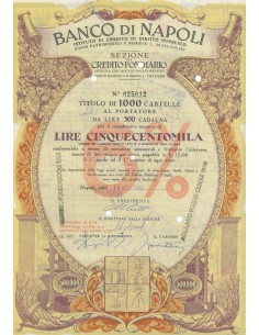 BANCO DI NAPOLI - TITOLO DA 1000 CARTELLE AL PORTATORE AL 6% - 500000 LIRE - 1970