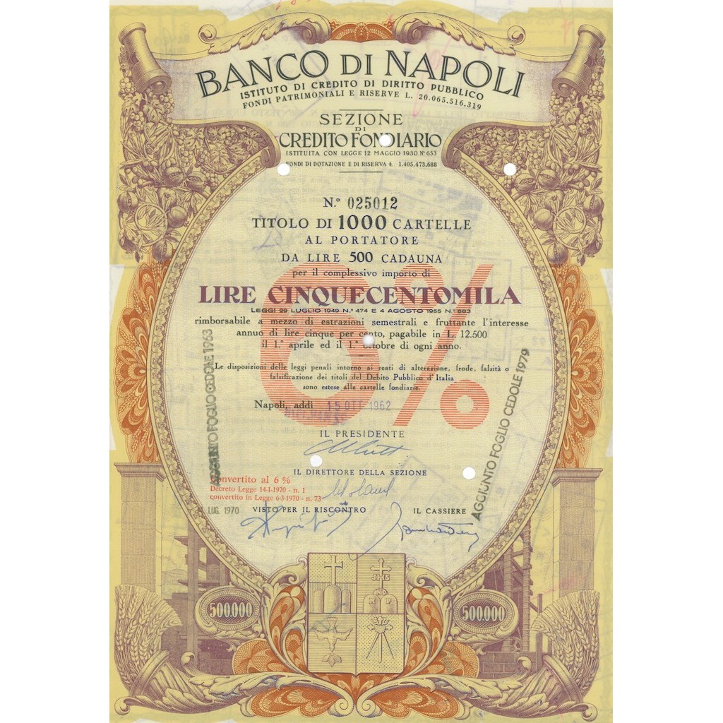 BANCO DI NAPOLI - TITOLO DA 1000 CARTELLE AL PORTATORE AL 6% - 500000 LIRE - 1970