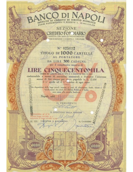 BANCO DI NAPOLI - TITOLO DA 1000 CARTELLE AL PORTATORE AL 6% - 500000 LIRE - 1970