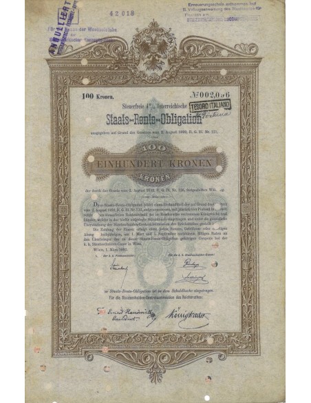 OSTERREICHISCHE STAATS RENTE OBLIGATION 100 KRONEN - 1893