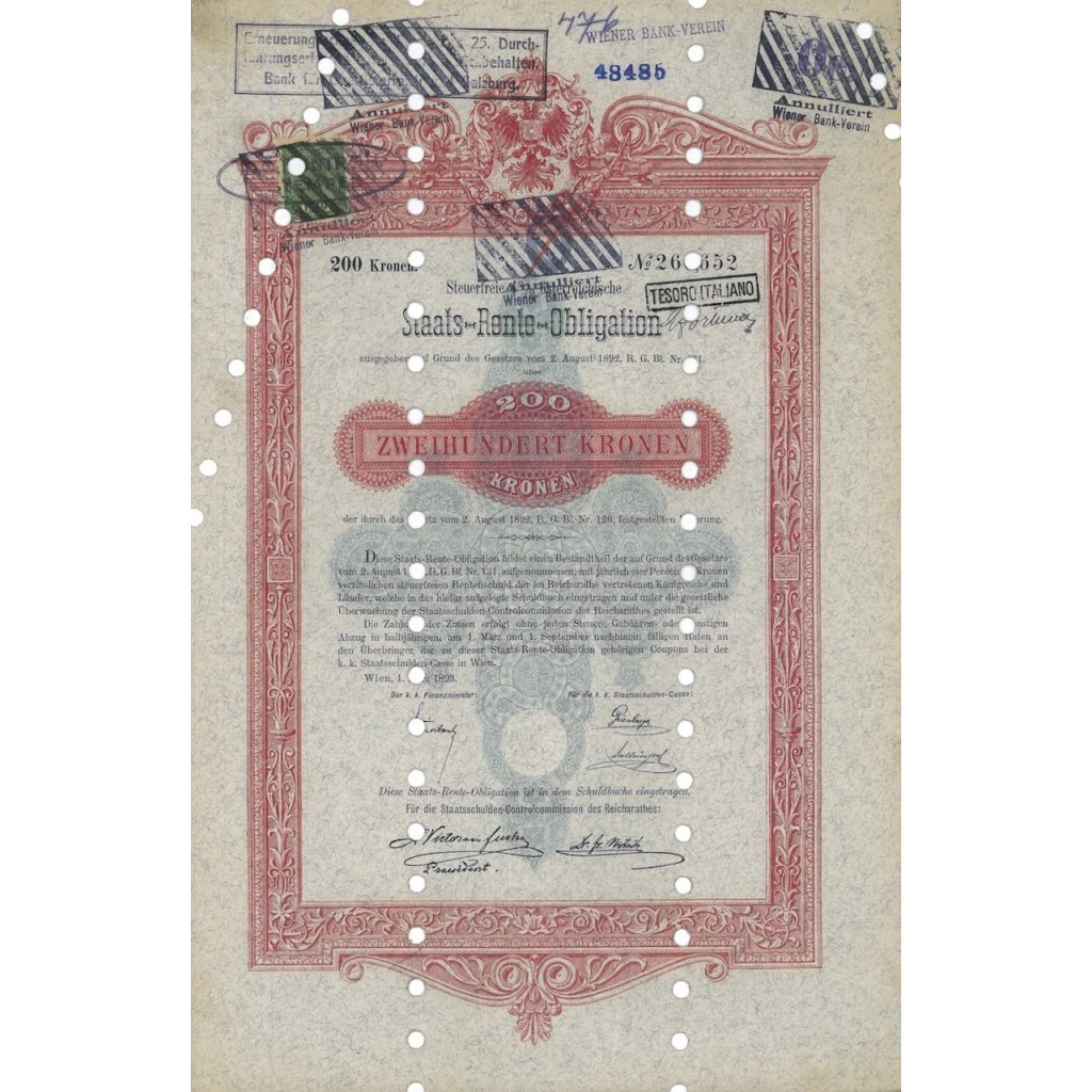 STAATS RENTE OBLIGATION 200 KRONEN - 1893