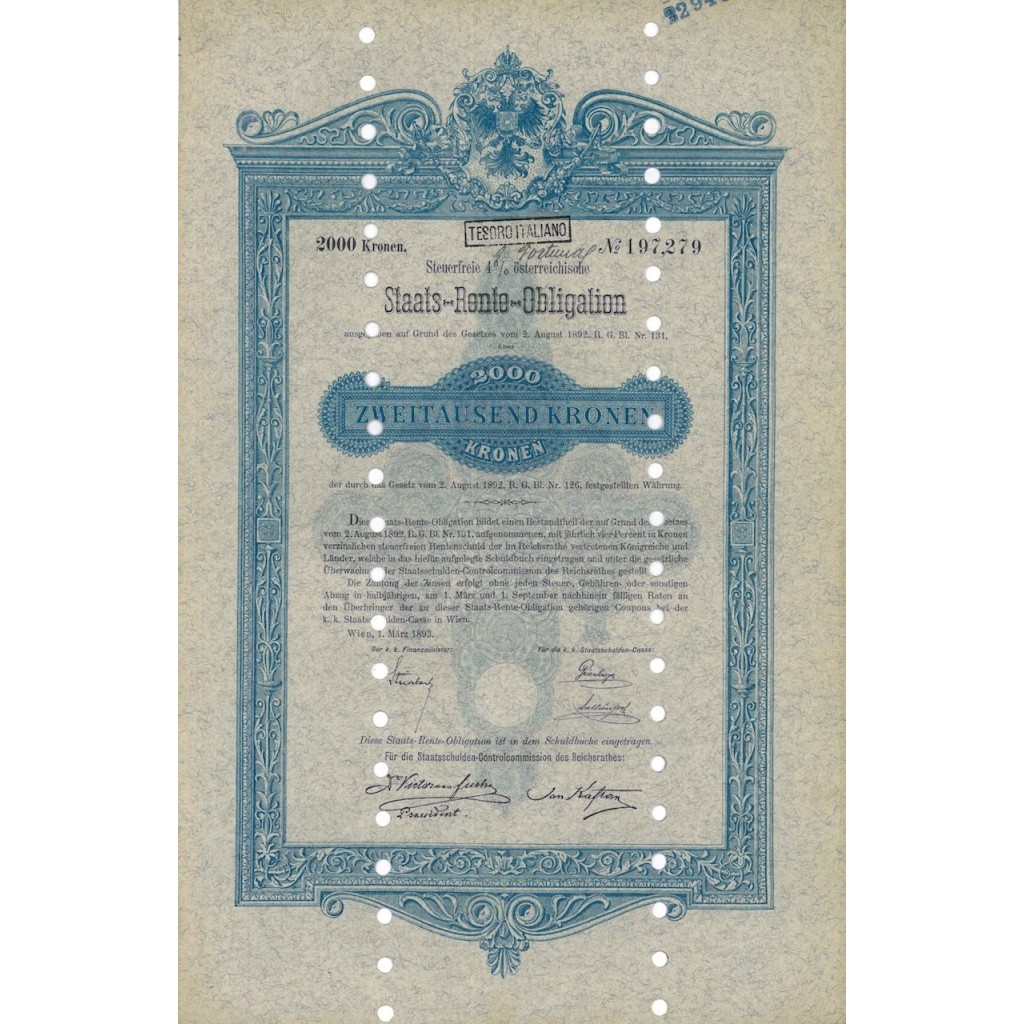 STAATS RENTE OBLIGATION 2000 KRONEN - 1893