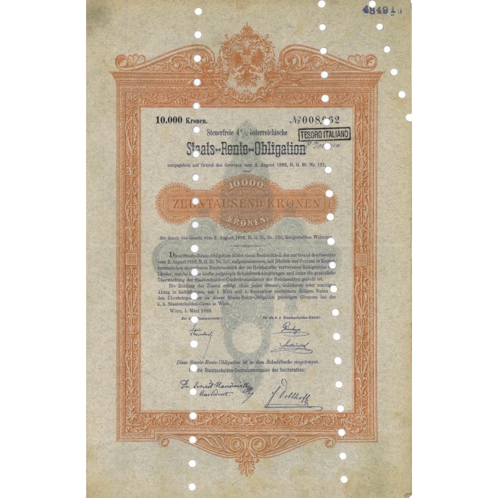 STAATS RENTE OBLIGATION 10000 KRONEN - 1893