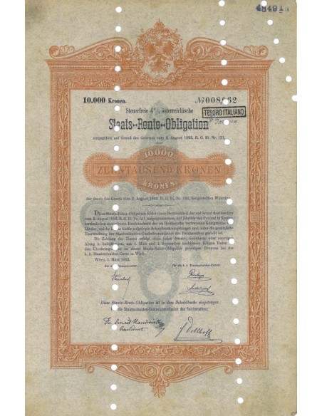 STAATS RENTE OBLIGATION 10000 KRONEN - 1893