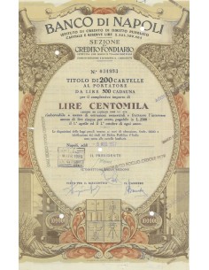 BANCO DI NAPOLI - TITOLO DA 200 CARTELLE AL PORTATORE - LIRE 100000 -1957