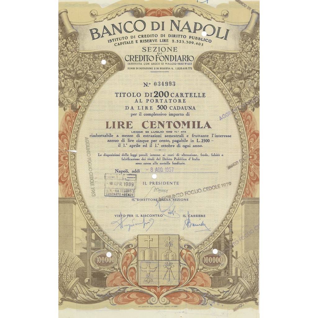 BANCO DI NAPOLI - TITOLO DA 200 CARTELLE AL PORTATORE - LIRE 100000 -1957
