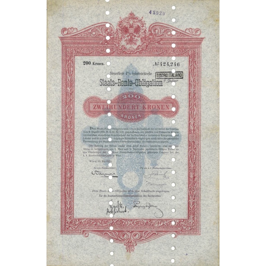 STAATS RENTE OBLIGATION 200 KRONEN - 1908