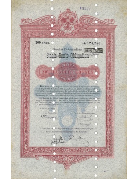 STAATS RENTE OBLIGATION 200 KRONEN - 1908