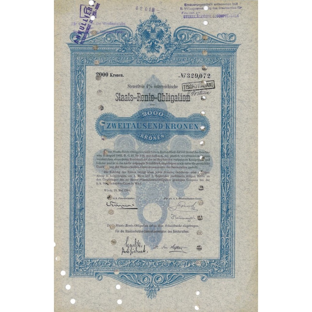 STAATS RENTE OBLIGATION 2000 KRONEN - 1908