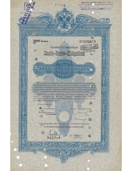 STAATS RENTE OBLIGATION 2000 KRONEN - 1908