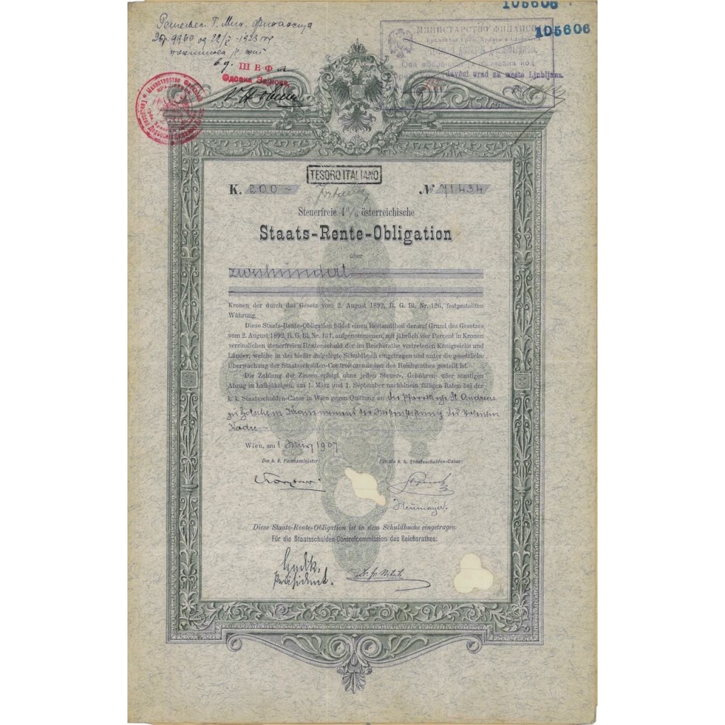 STAATS RENTE OBLIGATION 200 KRONEN - 1907