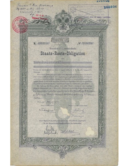 STAATS RENTE OBLIGATION 200 KRONEN - 1907