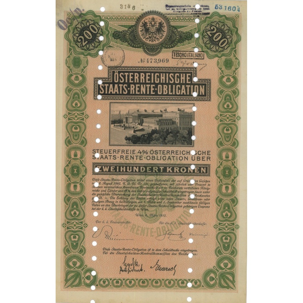 STAATS RENTE OBLIGATION 200 KRONEN - 1910