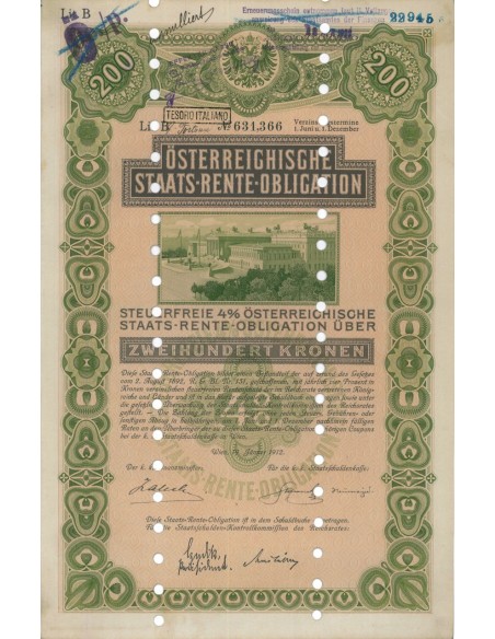 STAATS RENTE OBLIGATION 200 KRONEN - 1912