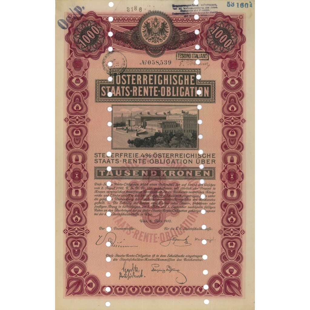 STAATS RENTE OBLIGATION 1000 KRONEN - 1910