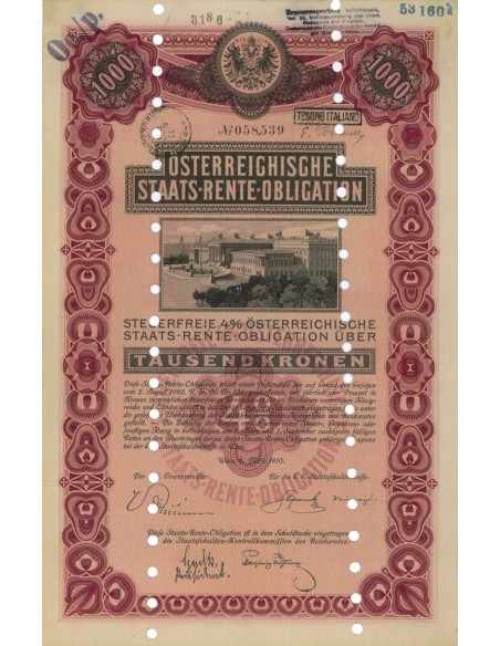 STAATS RENTE OBLIGATION 1000 KRONEN - 1910